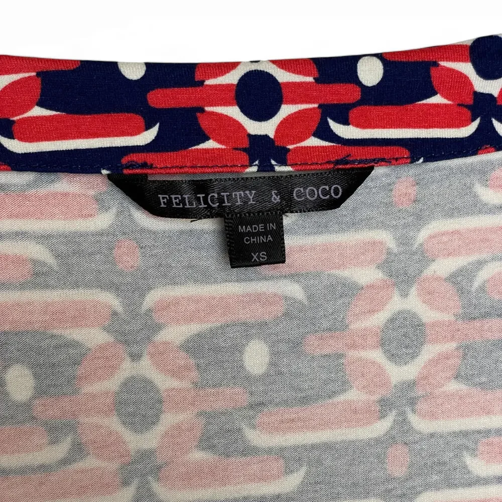 Felicity & Coco Wrap Dress Art Deco Print - Size XS Coral Red & Navy Long Sleeve